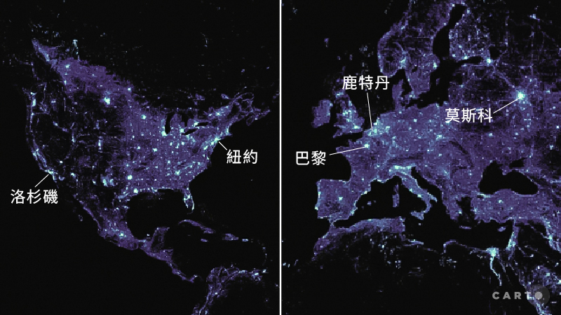 夜間燈光地圖-美洲、歐洲與亞洲地區