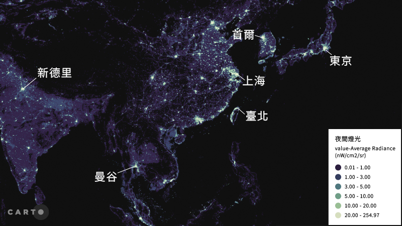 夜間燈光地圖-美洲、歐洲與亞洲地區