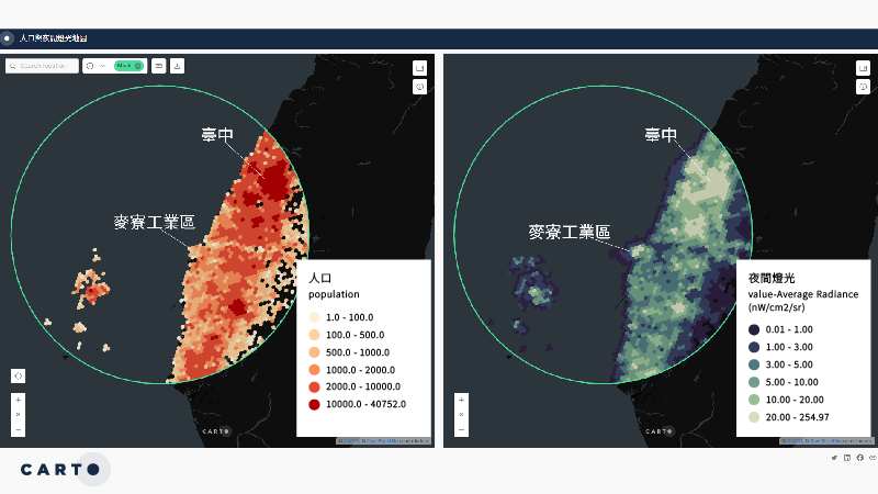 人口與夜間燈光地圖-2D展示聚焦中部地區